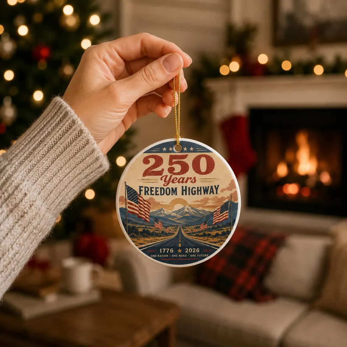 Freedom Highway 1776-2026 America's 250th Round Ceramic Christmas Ornament