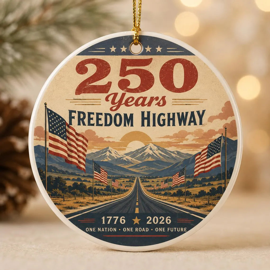 Freedom Highway 1776-2026 America's 250th Round Ceramic Christmas Ornament