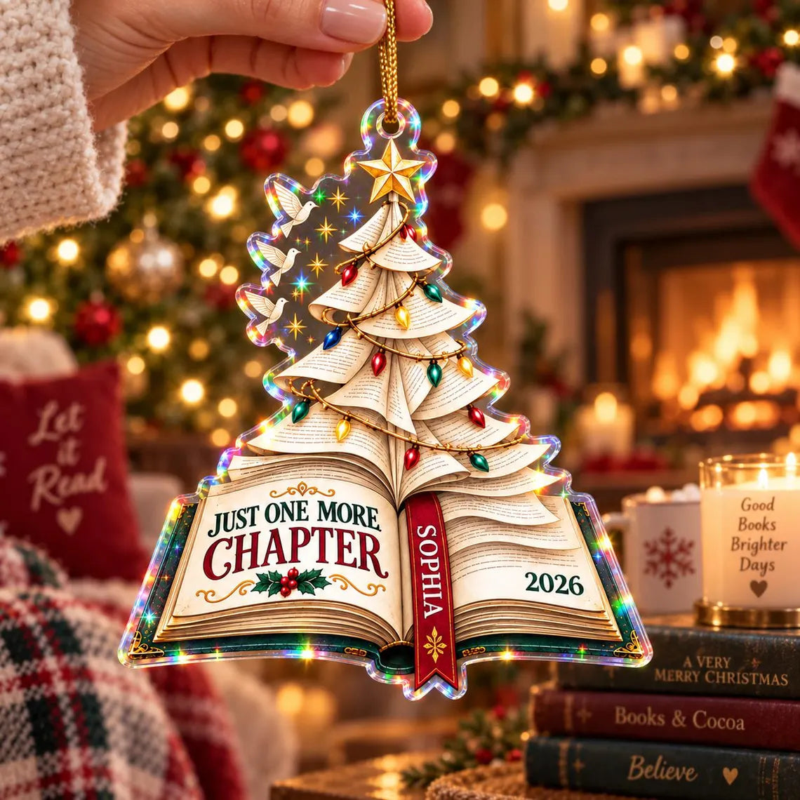 Christmas Book Tree 2026 Custom Name Date Starburst Hologram Christmas Ornament