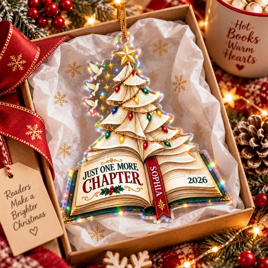 Christmas Book Tree 2026 Custom Name Date Starburst Hologram Christmas Ornament