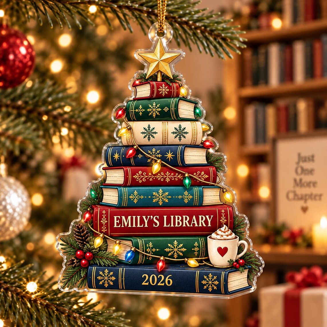 Christmas Library Book Tree 2026 Custom Name Date Acrylic Ornament
