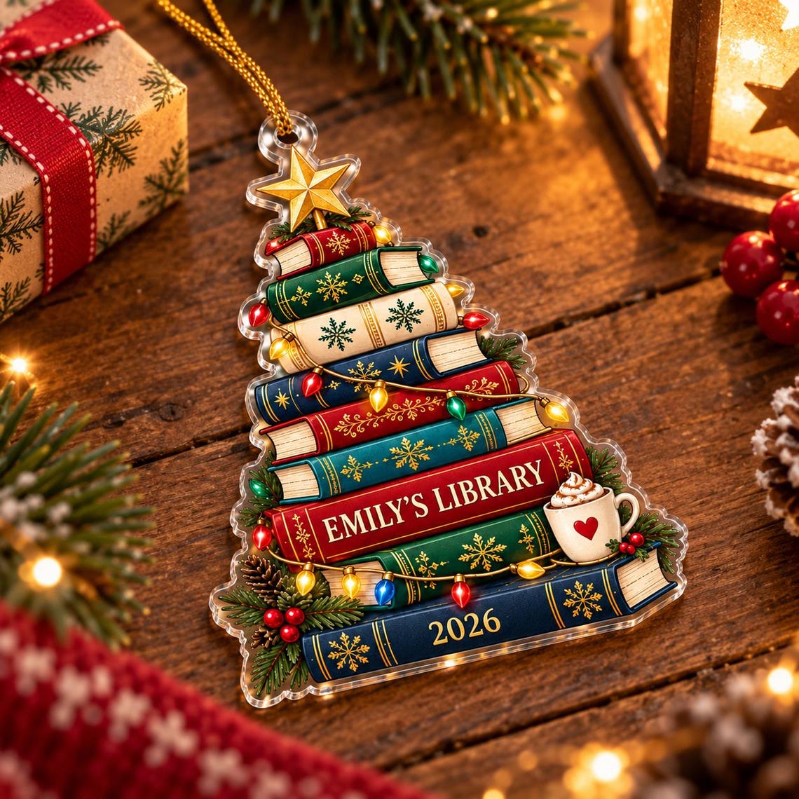 Christmas Library Book Tree 2026 Custom Name Date Acrylic Ornament
