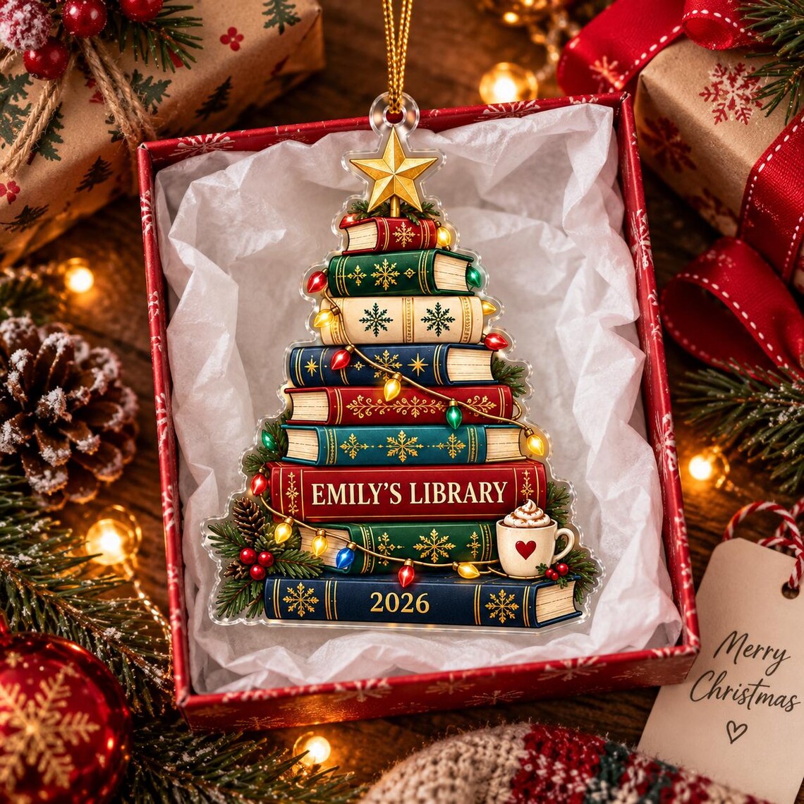 Christmas Library Book Tree 2026 Custom Name Date Acrylic Ornament