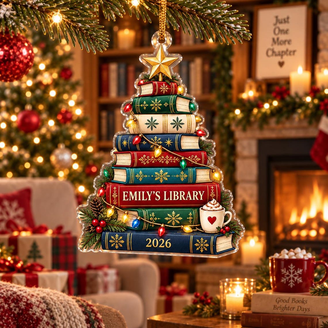 Christmas Library Book Tree 2026 Custom Name Date Acrylic Ornament
