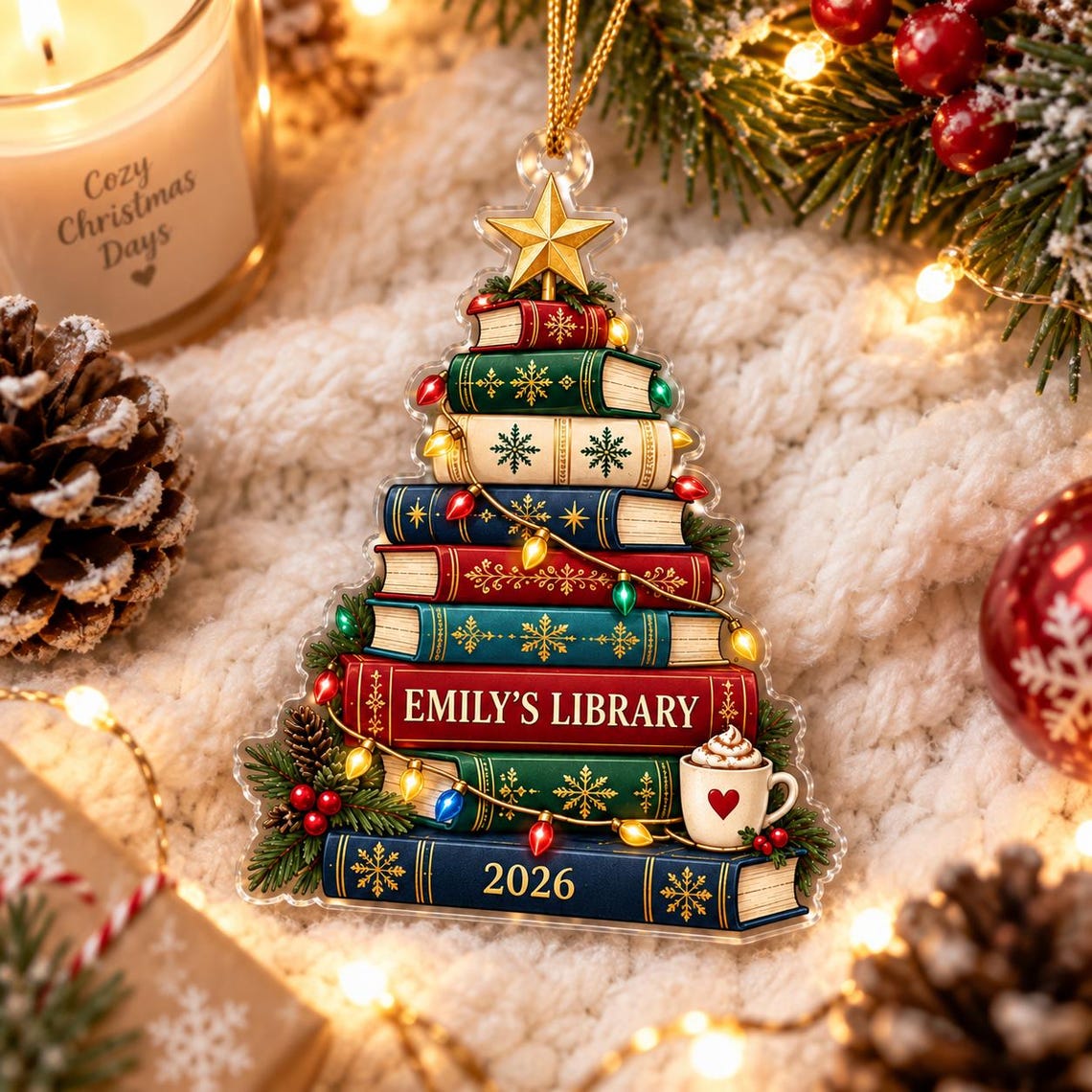 Christmas Library Book Tree 2026 Custom Name Date Acrylic Ornament