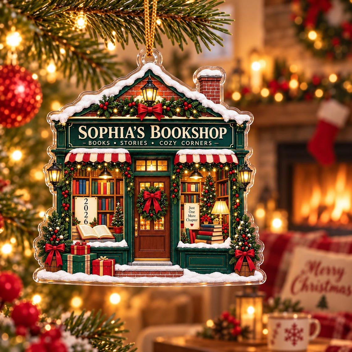 Christmas Bookshop Custom Name Acrylic Ornament