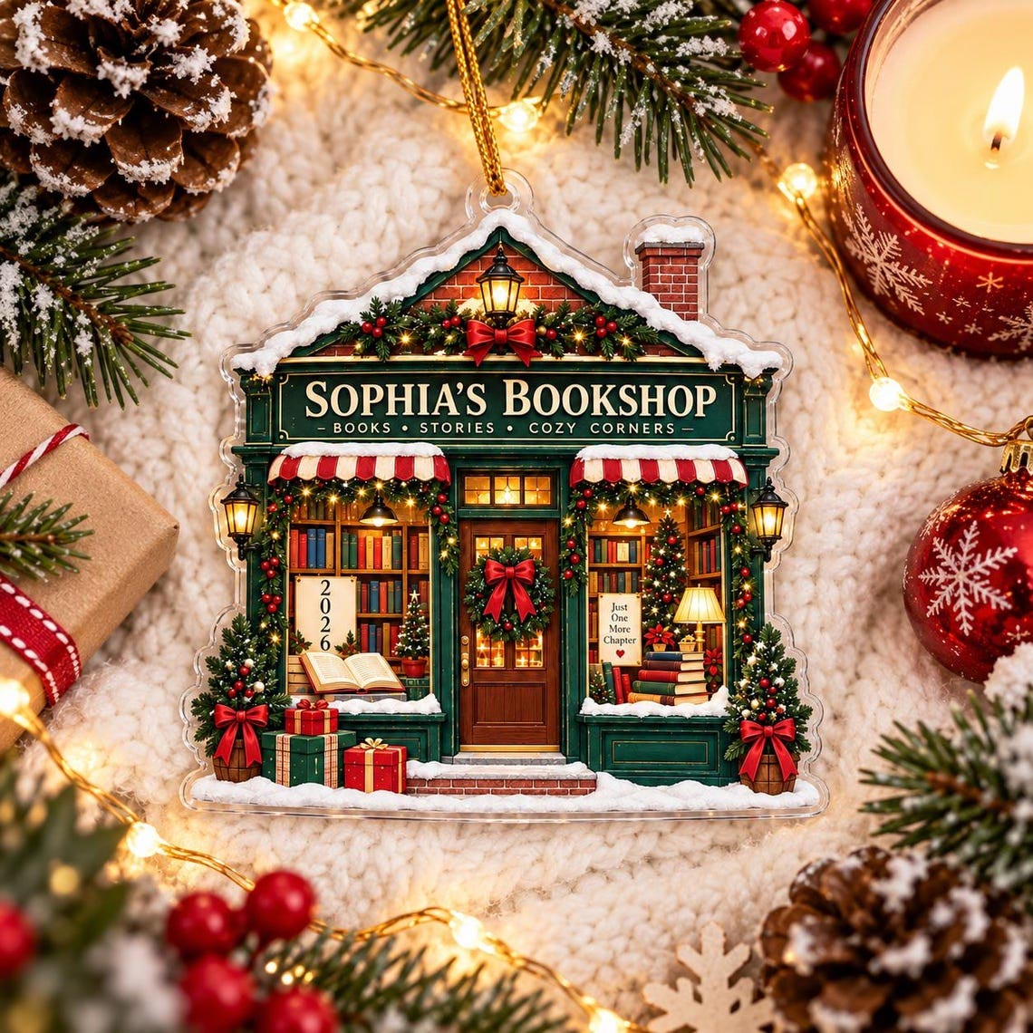 Christmas Bookshop Custom Name Acrylic Ornament