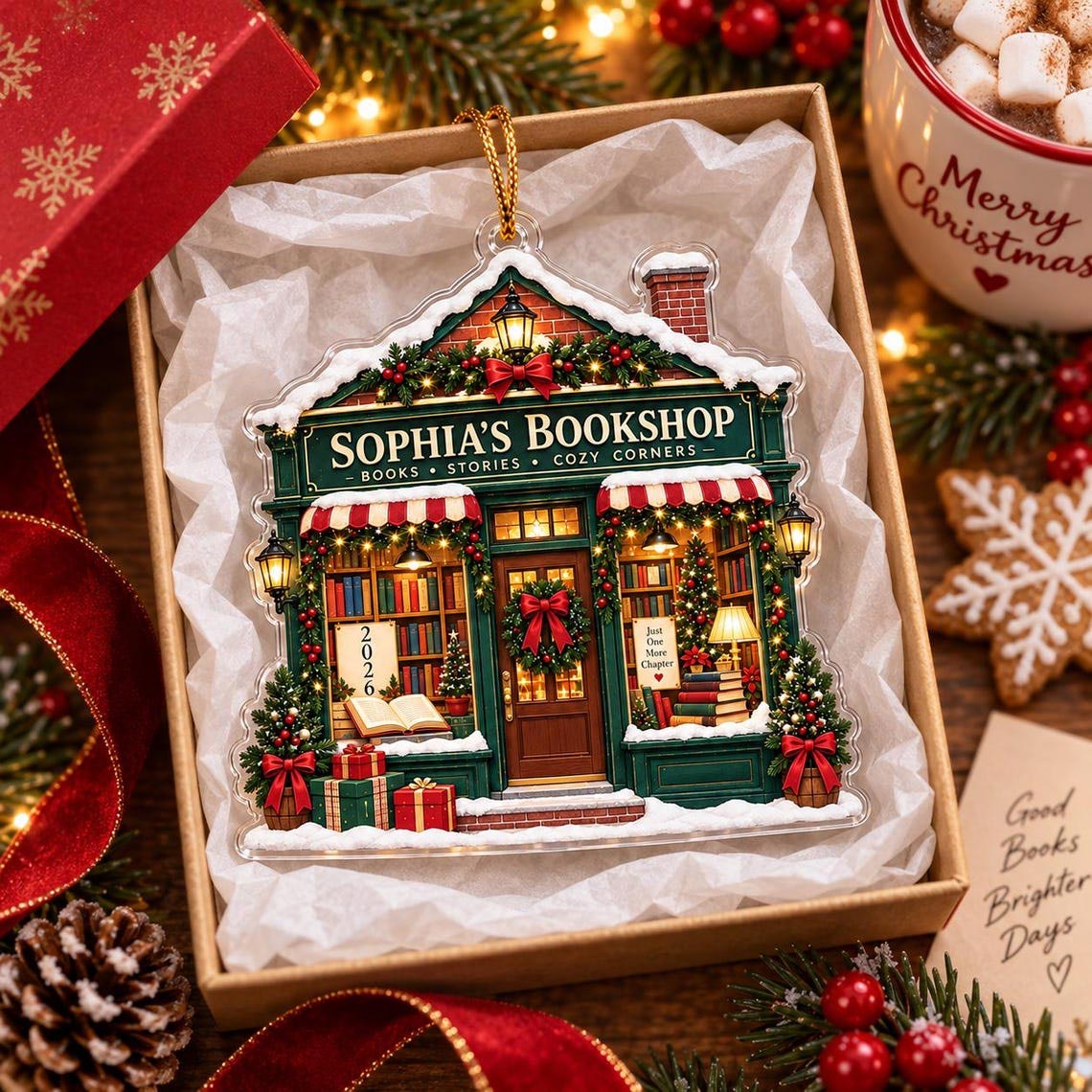 Christmas Bookshop Custom Name Acrylic Ornament