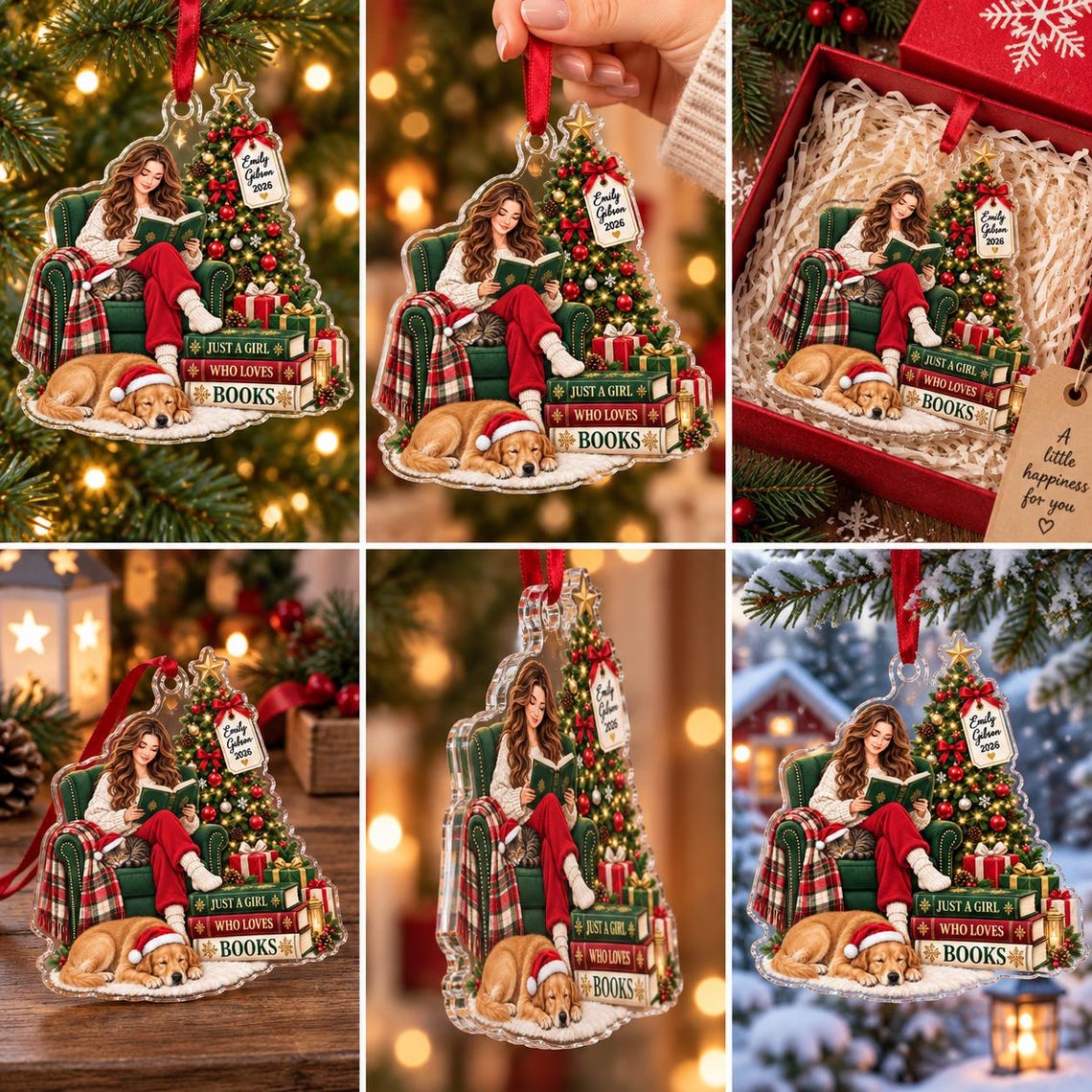 Cozy Christmas Book Lover 2026 Custom Name Date Acrylic Ornament