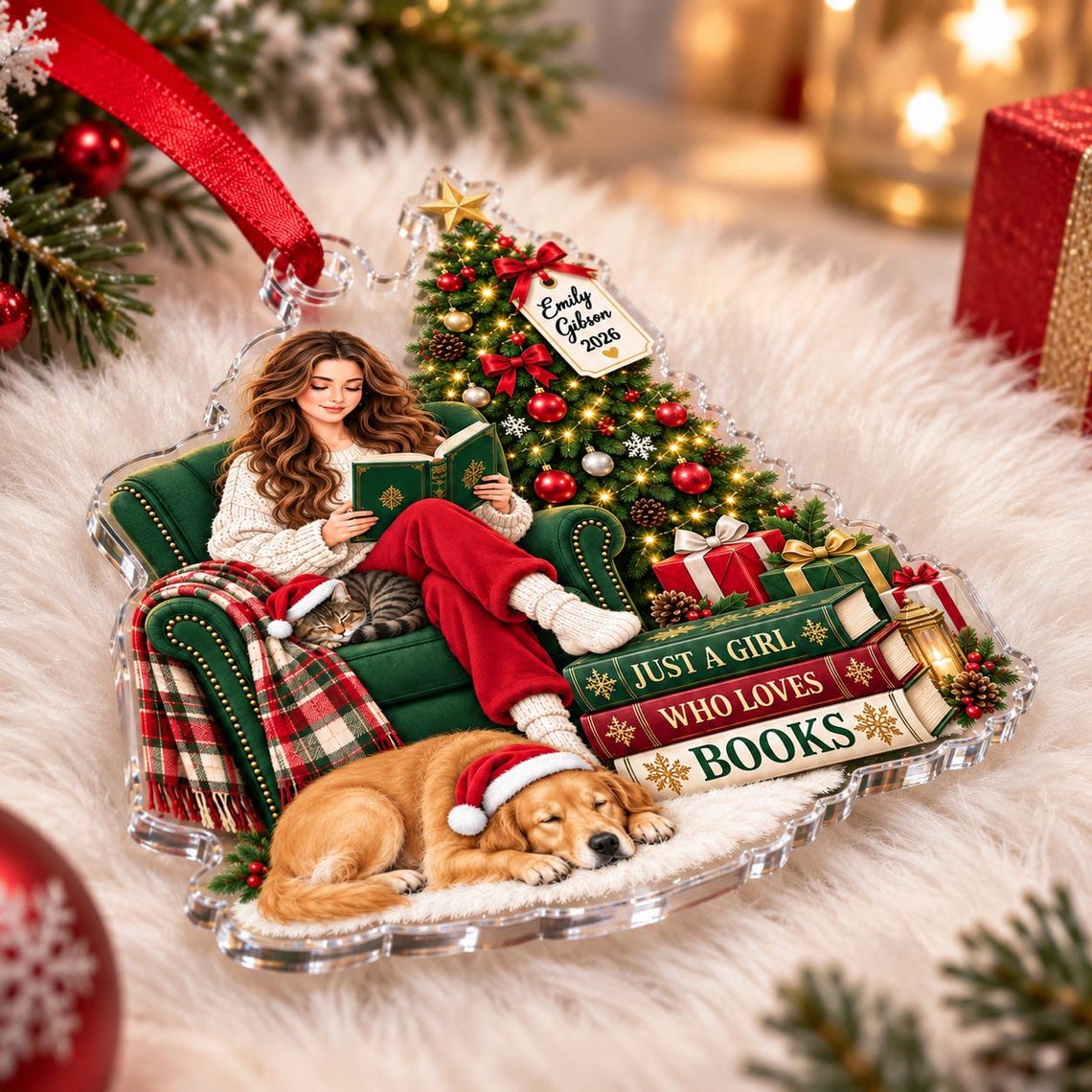 Cozy Christmas Book Lover 2026 Custom Name Date Acrylic Ornament