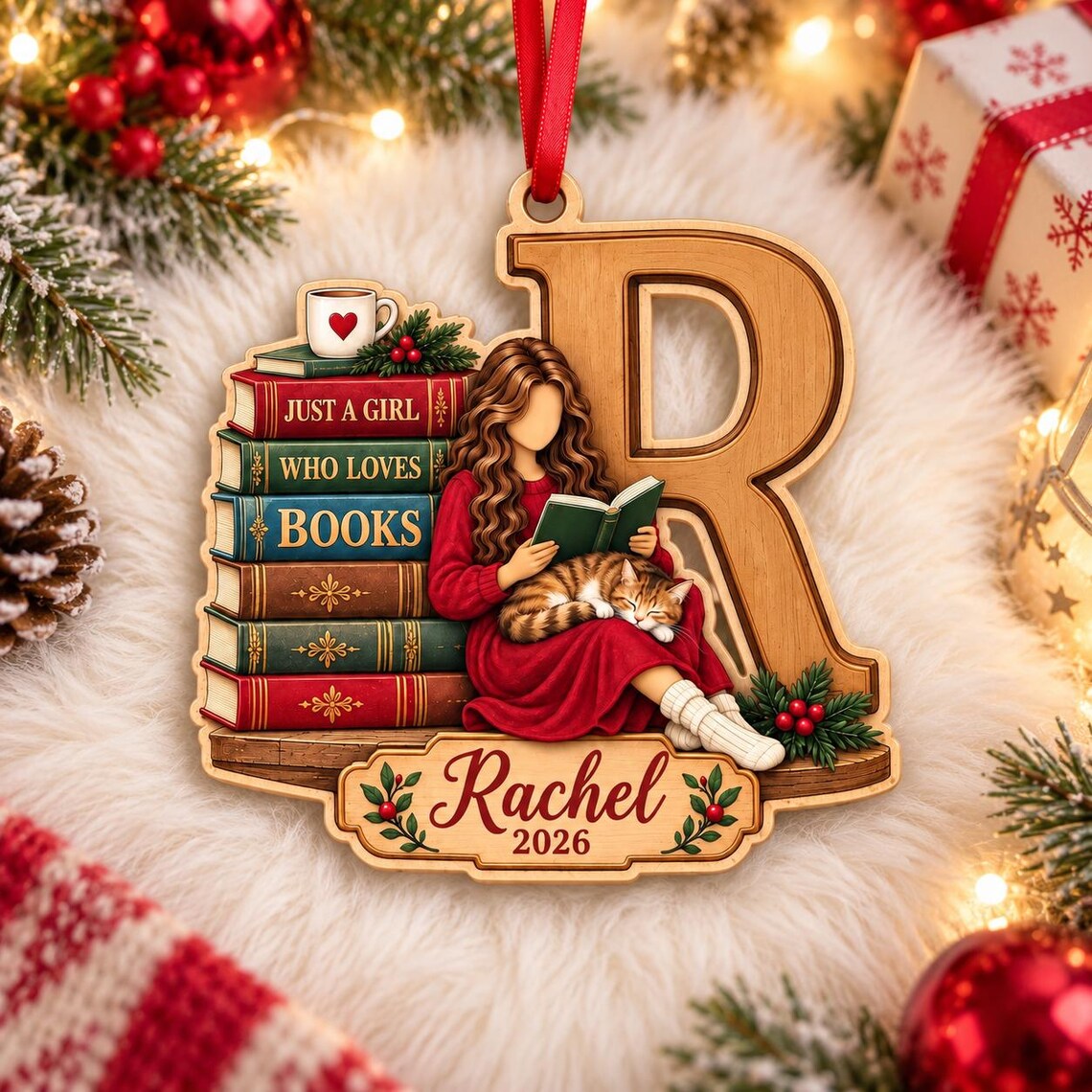 Christmas Book Lover 2026 Custom Name Date Wooden Ornament