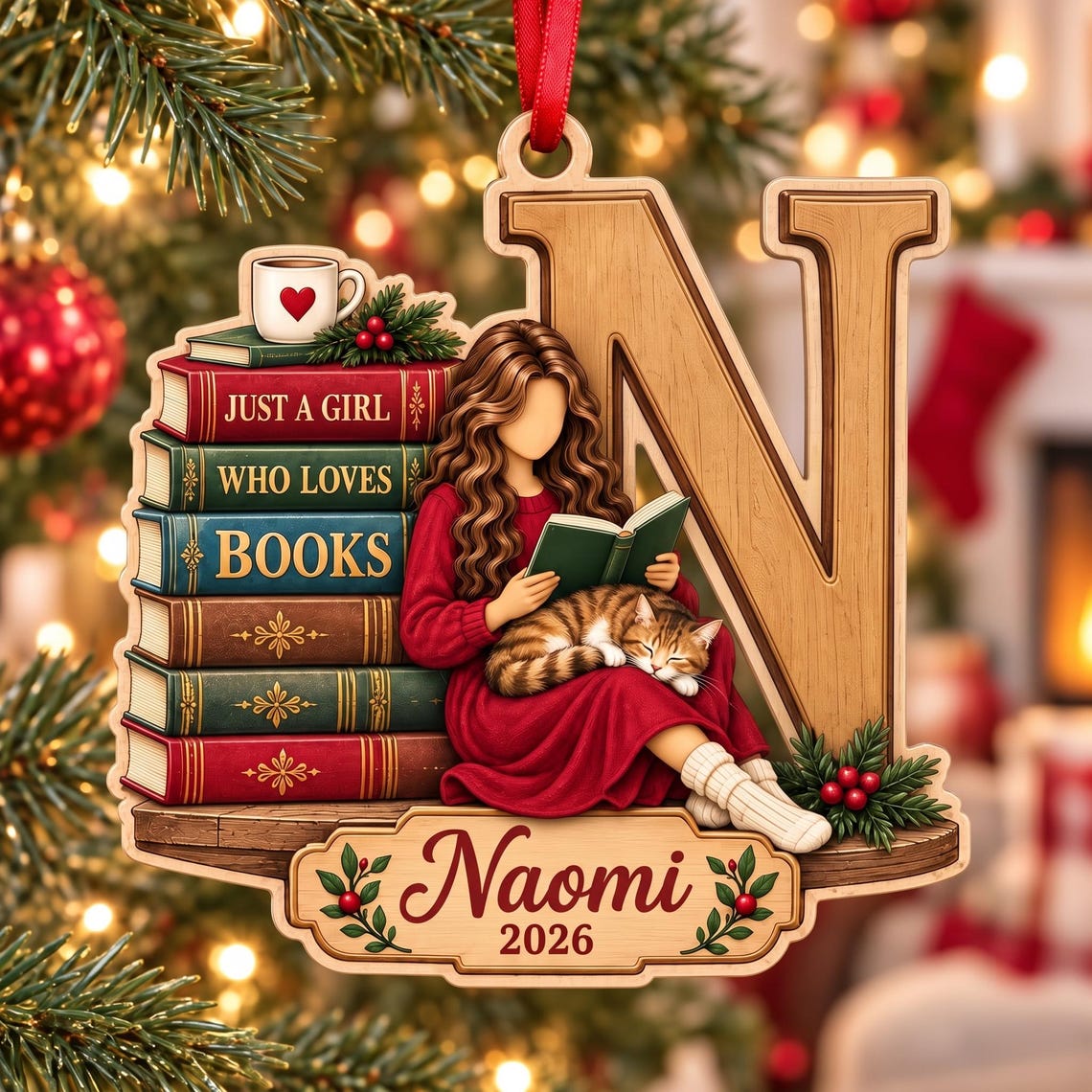 Christmas Book Lover 2026 Custom Name Date Wooden Ornament