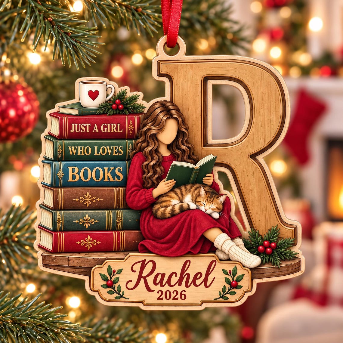 Christmas Book Lover 2026 Custom Name Date Wooden Ornament