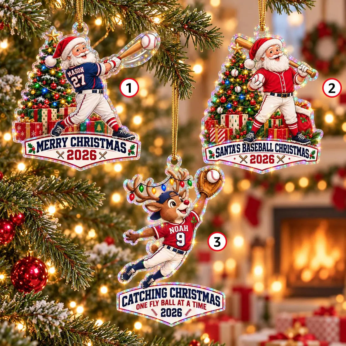Santa Baseball Christmas 2026 Custom Name Number Date Sports Starburst Hologram Christmas Ornament