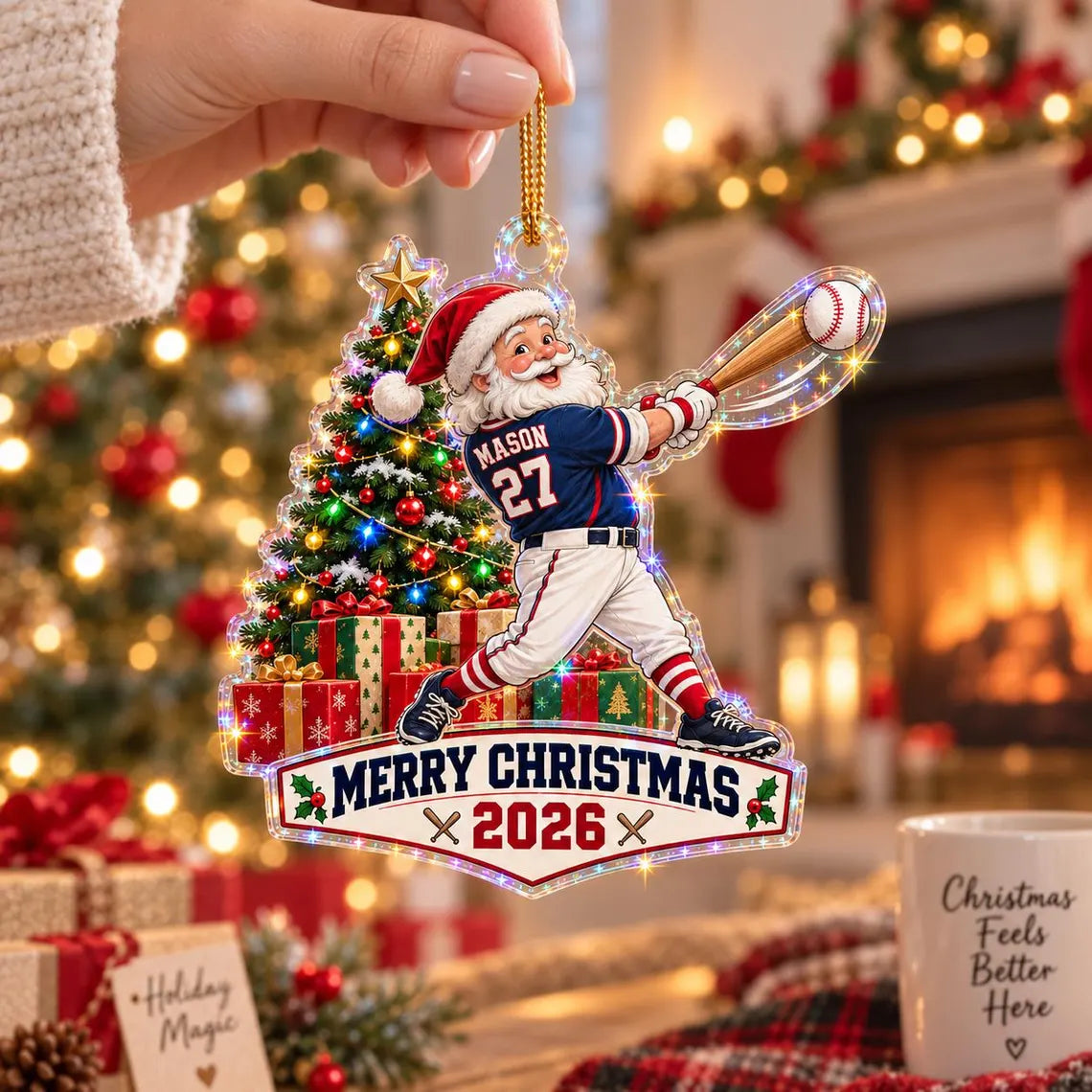 Santa Baseball Christmas 2026 Custom Name Number Date Sports Starburst Hologram Christmas Ornament
