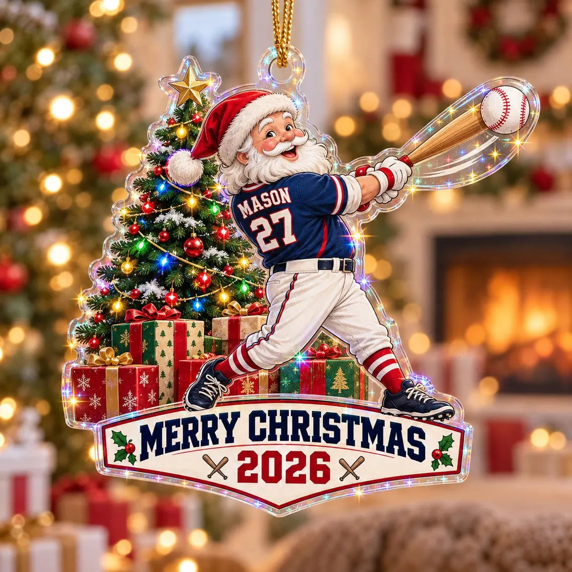 Santa Baseball Christmas 2026 Custom Name Number Date Sports Starburst Hologram Christmas Ornament