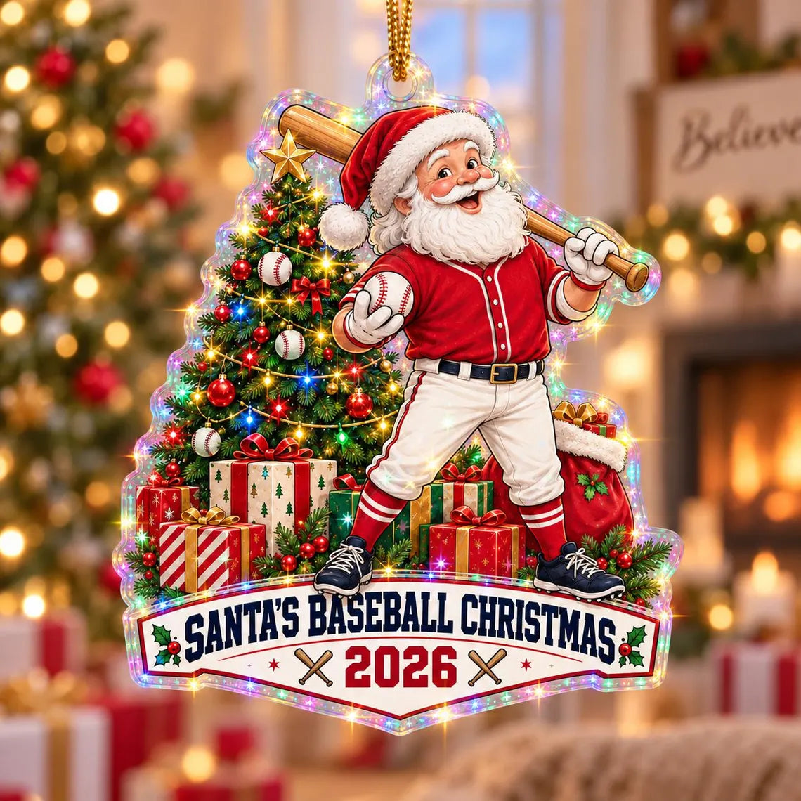 Santa Baseball Christmas 2026 Custom Name Number Date Sports Starburst Hologram Christmas Ornament