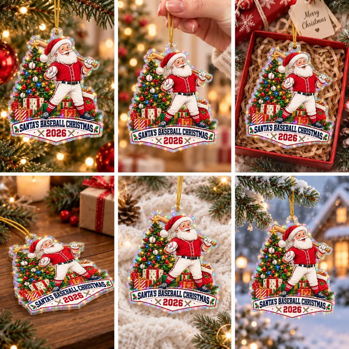 Santa Baseball Christmas 2026 Custom Name Number Date Sports Starburst Hologram Christmas Ornament