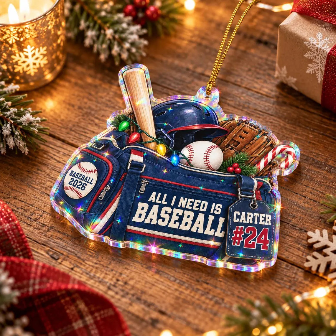 All I Need Is Baseball 2026 Custom Name Date Sports Starburst Hologram Ornament