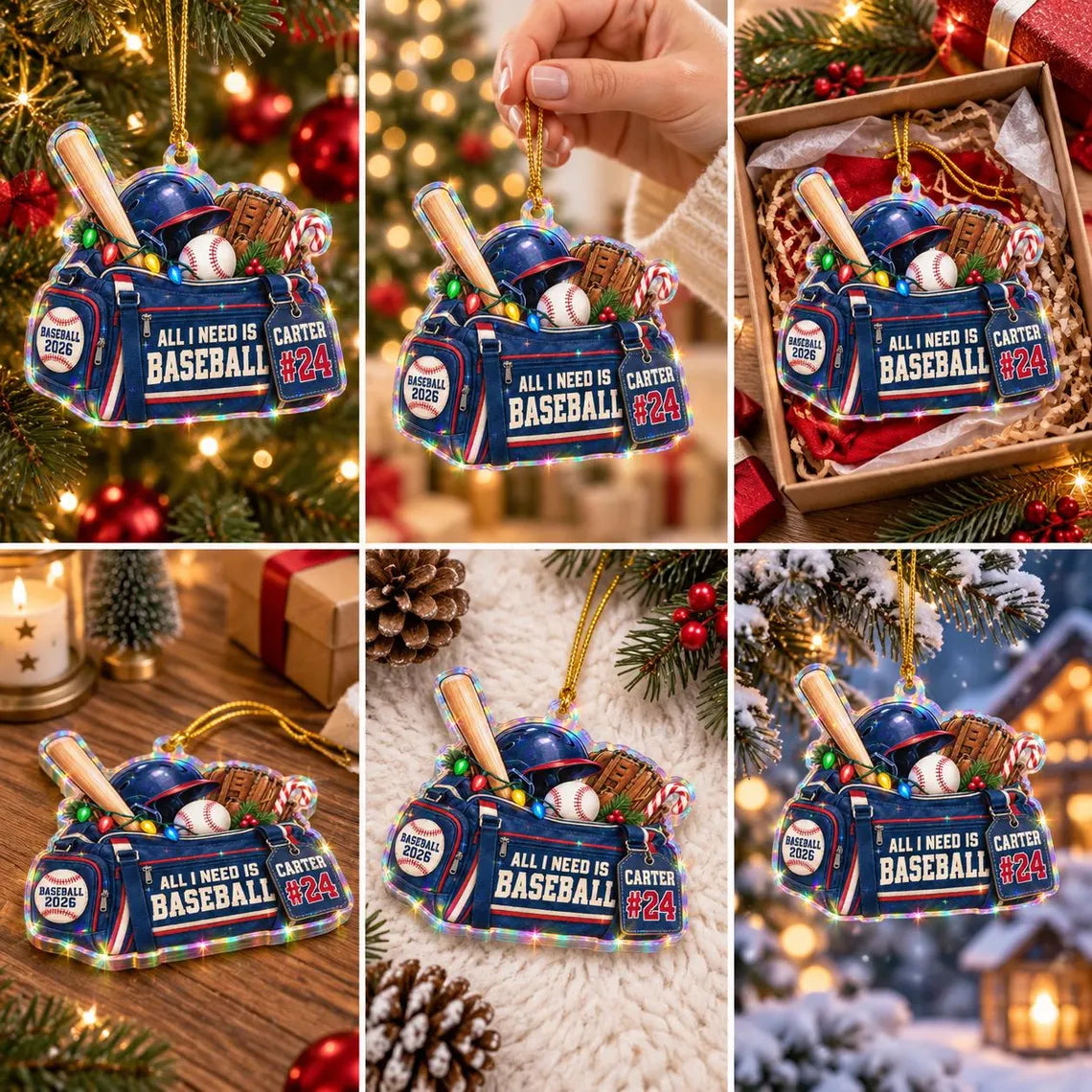 All I Need Is Baseball 2026 Custom Name Date Sports Starburst Hologram Ornament