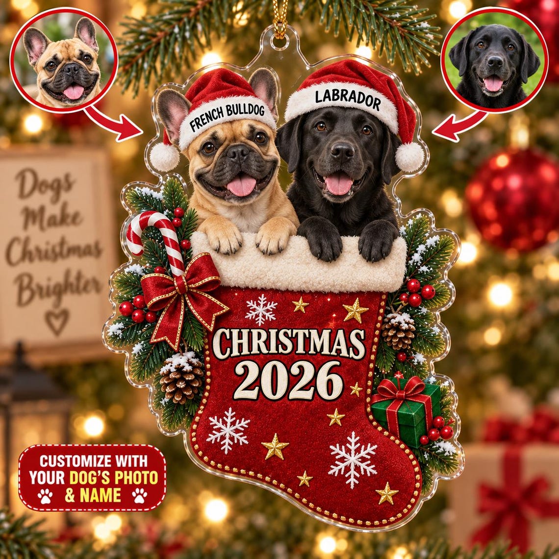 Christmas Stocking 2026 Custom Name Photo Dog Acrylic Ornament
