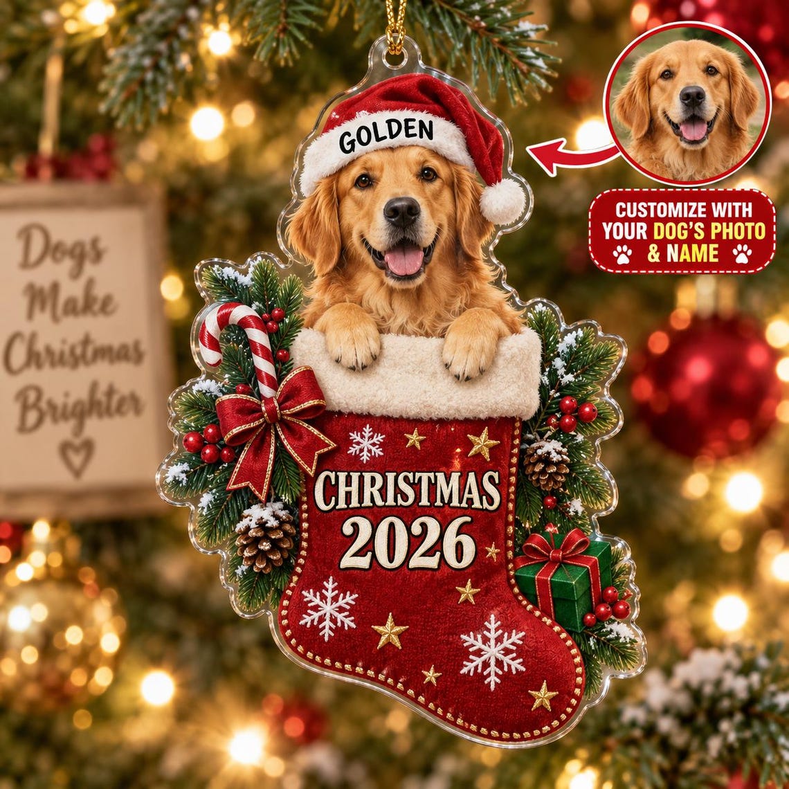 Christmas Stocking 2026 Custom Name Photo Dog Acrylic Ornament