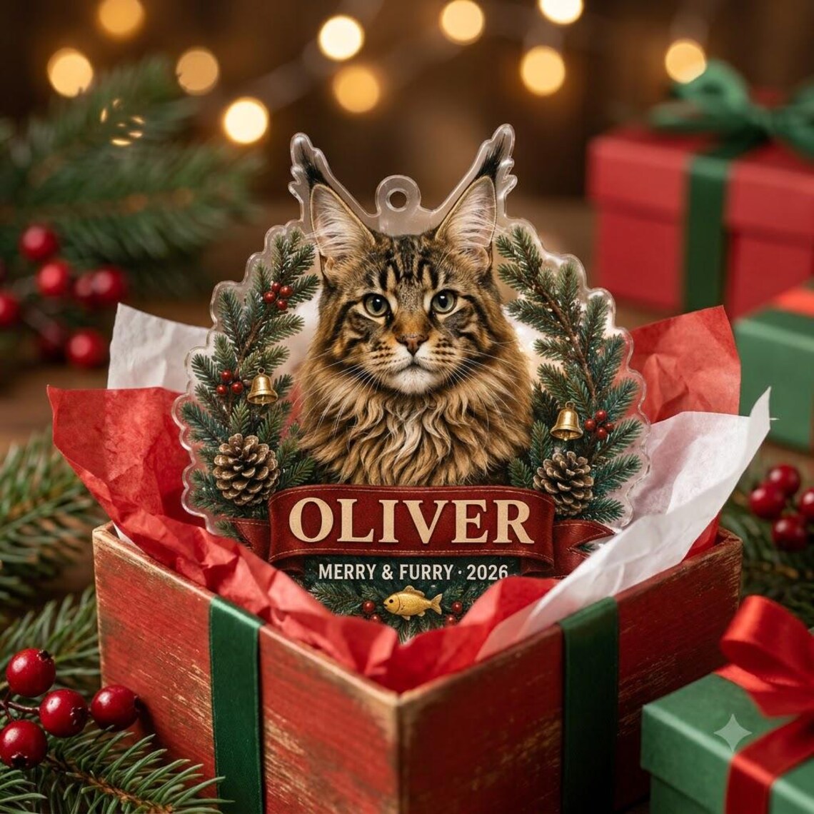 Merry & Furry 2026 Custom Name Photo Cat Acrylic Ornament