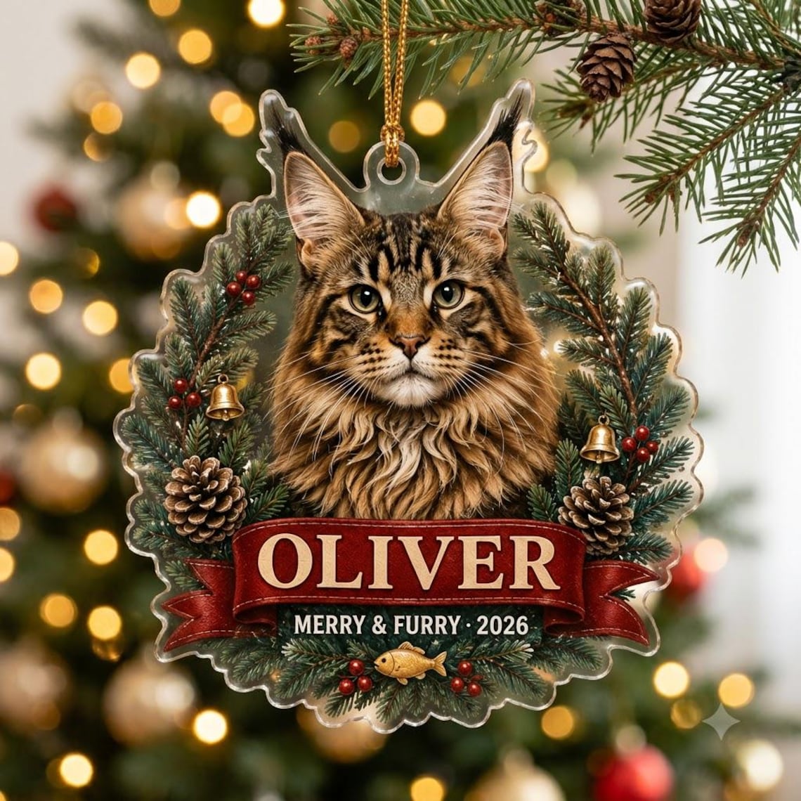 Merry & Furry 2026 Custom Name Photo Cat Acrylic Ornament