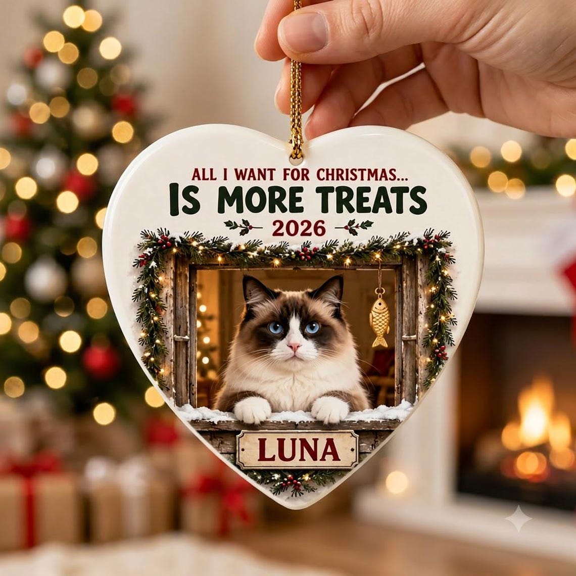 All I Want for Christmas Is More Treats 2026 Custom Name Photo Cat Heart Ceramic Ornament