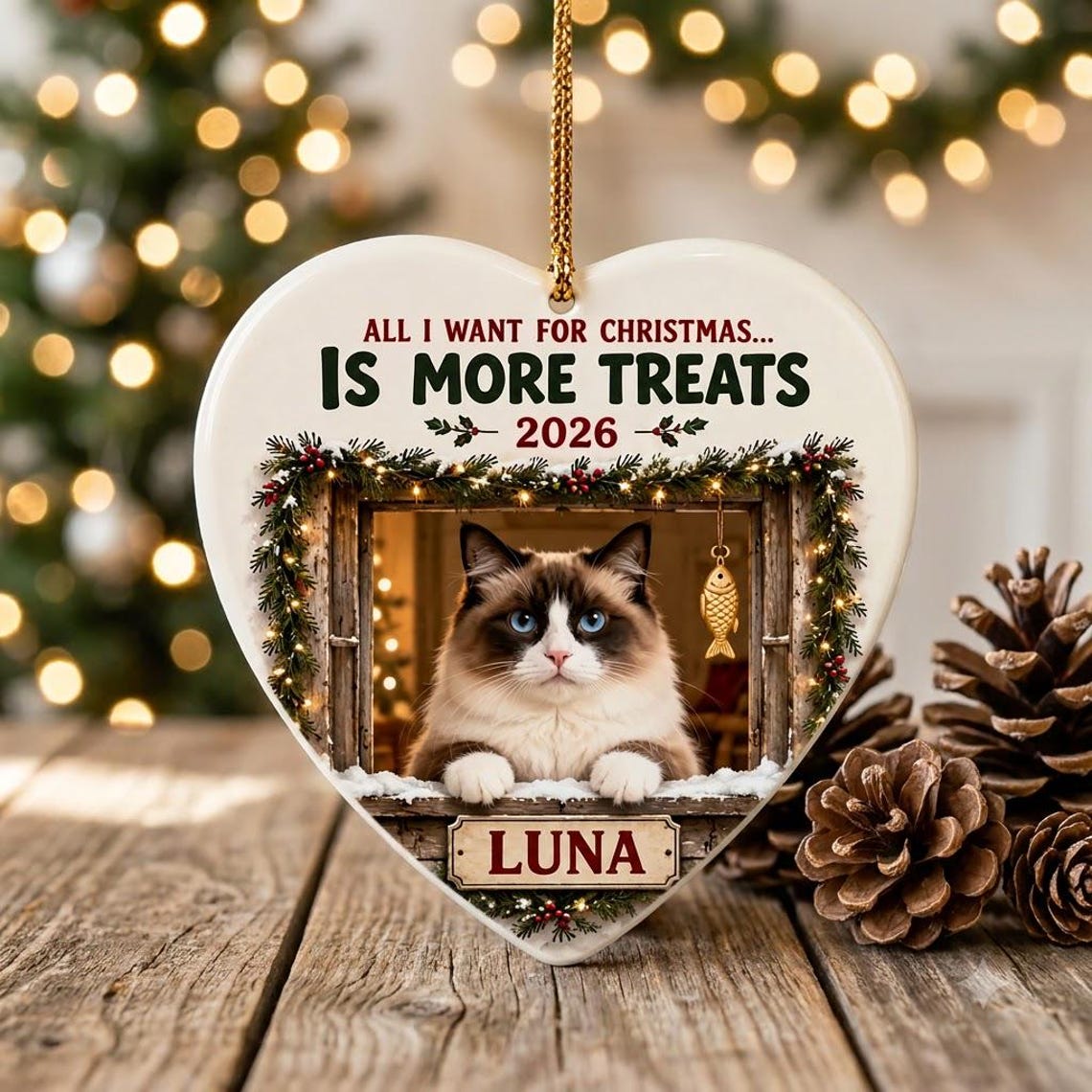 All I Want for Christmas Is More Treats 2026 Custom Name Photo Cat Heart Ceramic Ornament