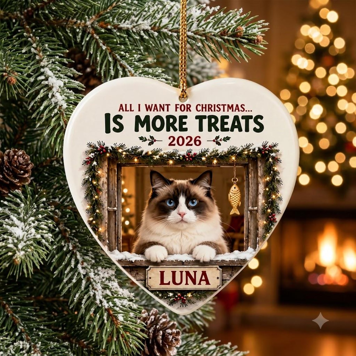 All I Want for Christmas Is More Treats 2026 Custom Name Photo Cat Heart Ceramic Ornament