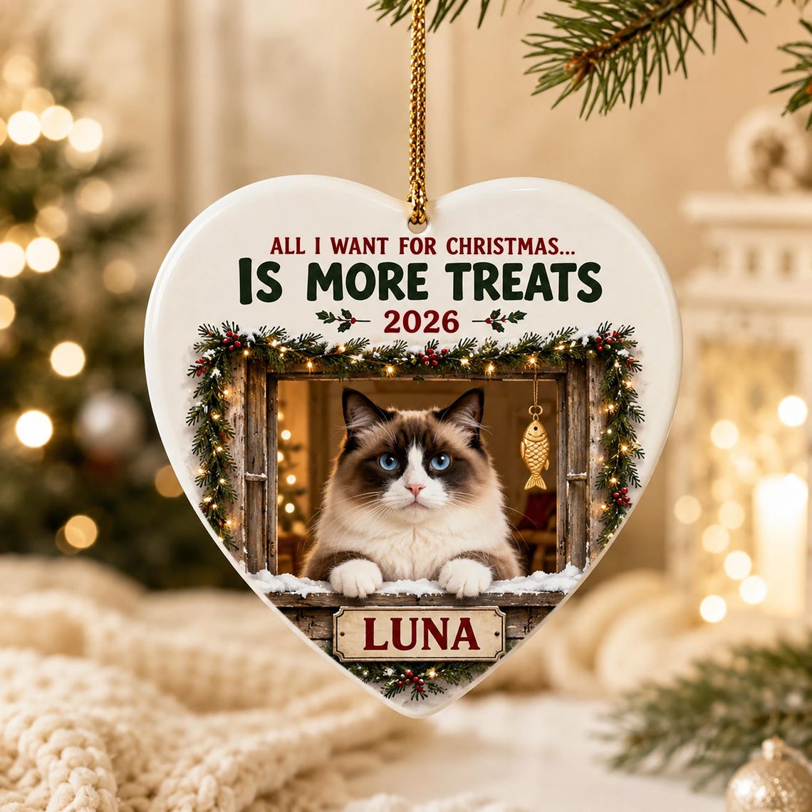 All I Want for Christmas Is More Treats 2026 Custom Name Photo Cat Heart Ceramic Ornament