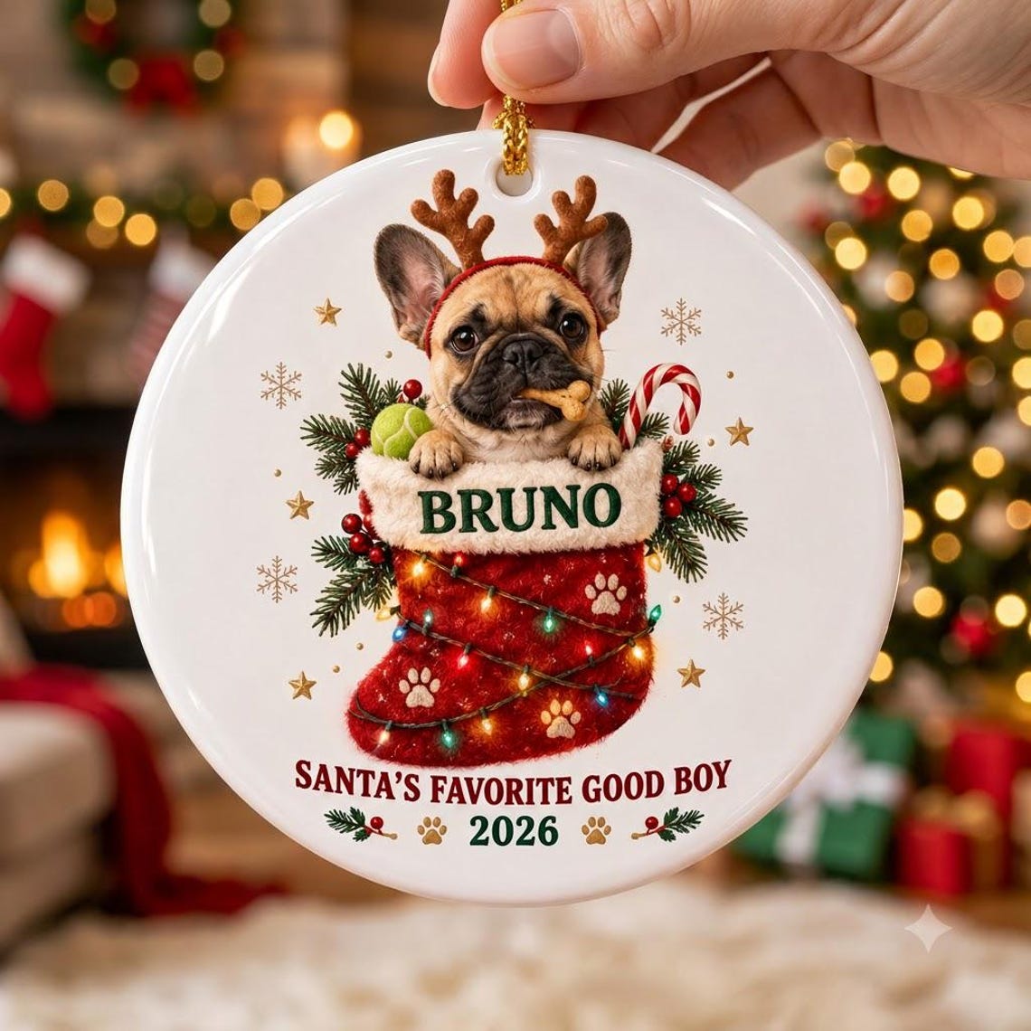 Santa's Favorite Good Boy Stocking 2026 Custom Name Date Photo Dog Round Ceramic Ornament