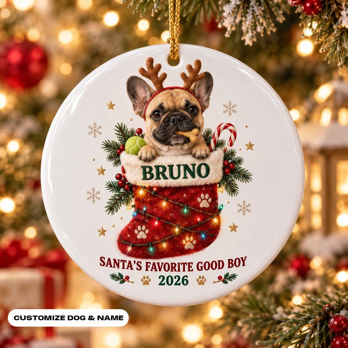 Santa's Favorite Good Boy Stocking 2026 Custom Name Date Photo Dog Round Ceramic Ornament
