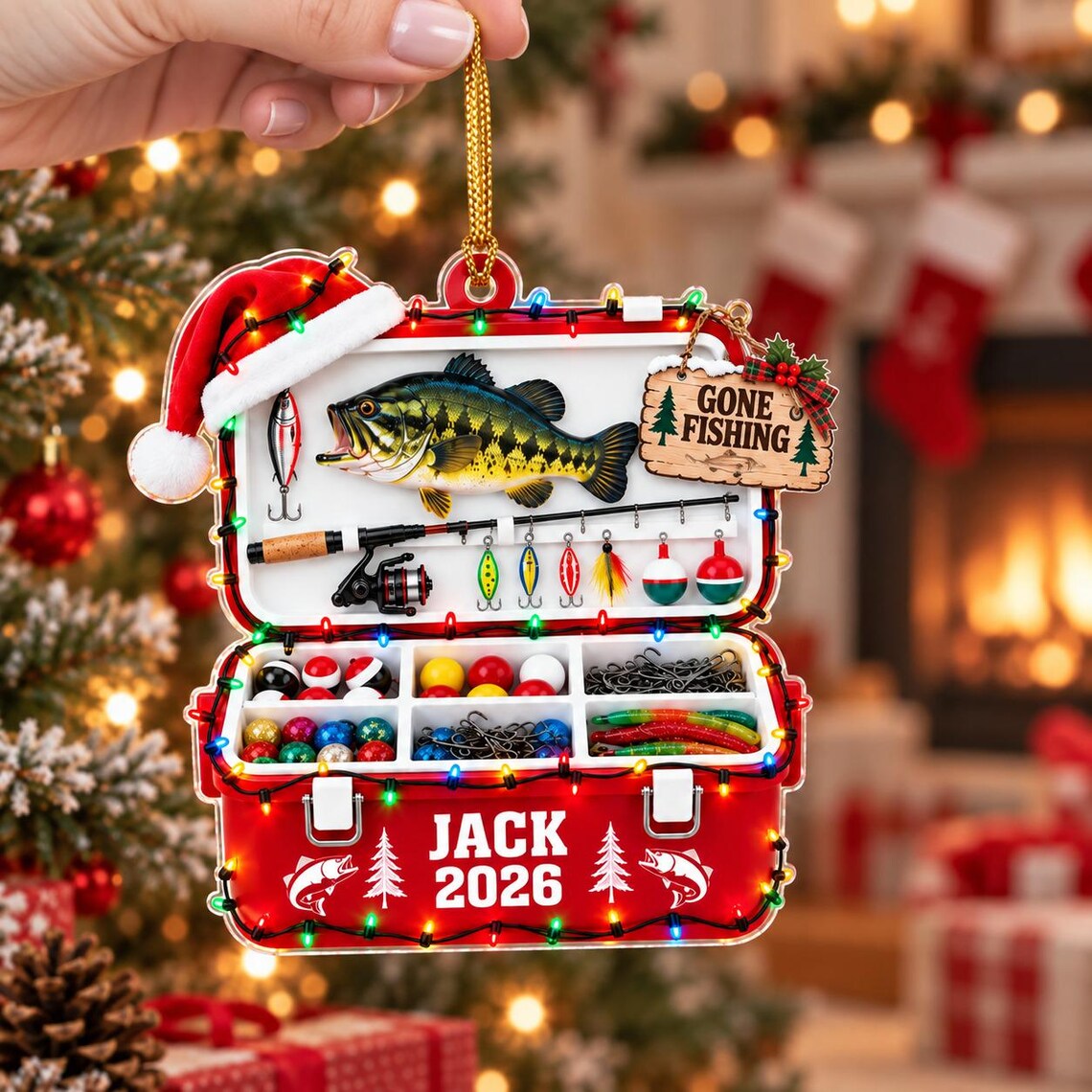 Christmas Fishing Tackle Box 2026 Custom Name Date Fishing Acrylic Ornament Angler