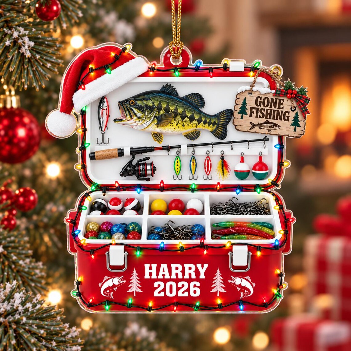 Christmas Fishing Tackle Box 2026 Custom Name Date Fishing Acrylic Ornament Angler