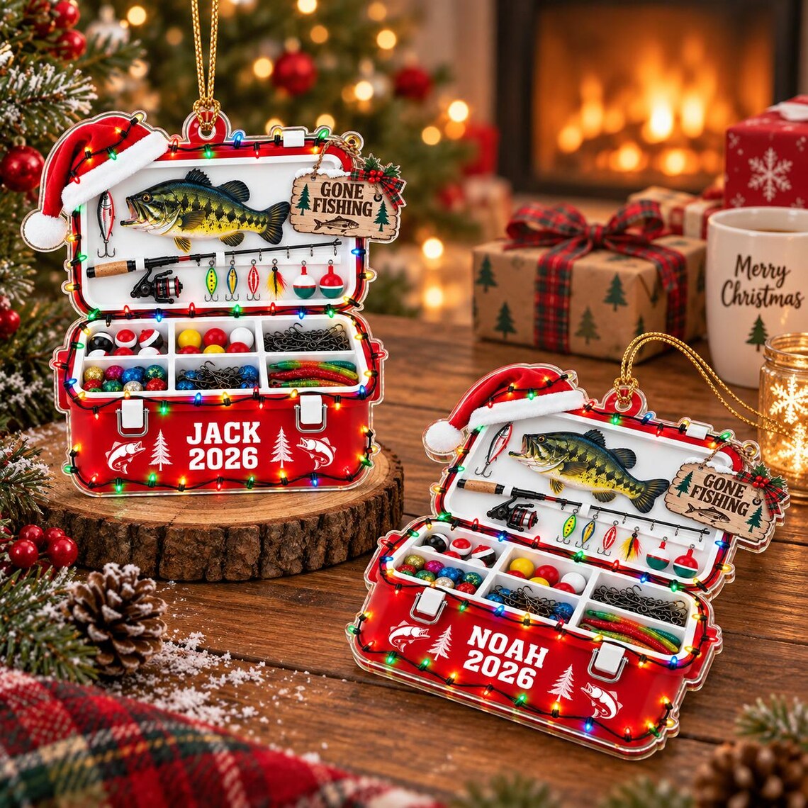 Christmas Fishing Tackle Box 2026 Custom Name Date Fishing Acrylic Ornament Angler