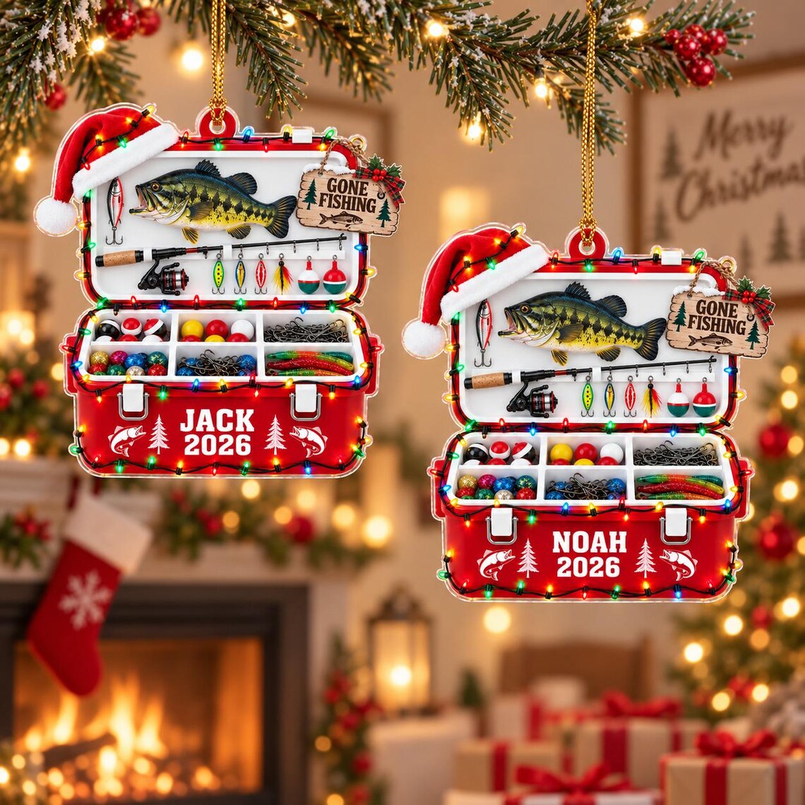 Christmas Fishing Tackle Box 2026 Custom Name Date Fishing Acrylic Ornament Angler