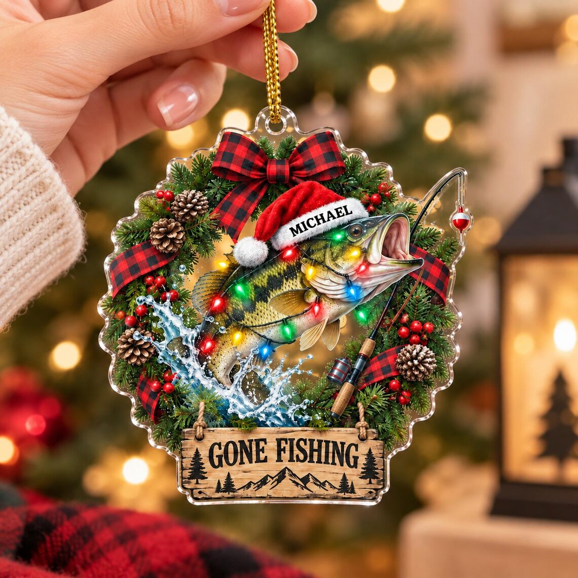 Gone Fishing Christmas Custom Name Fishing Acrylic Ornament