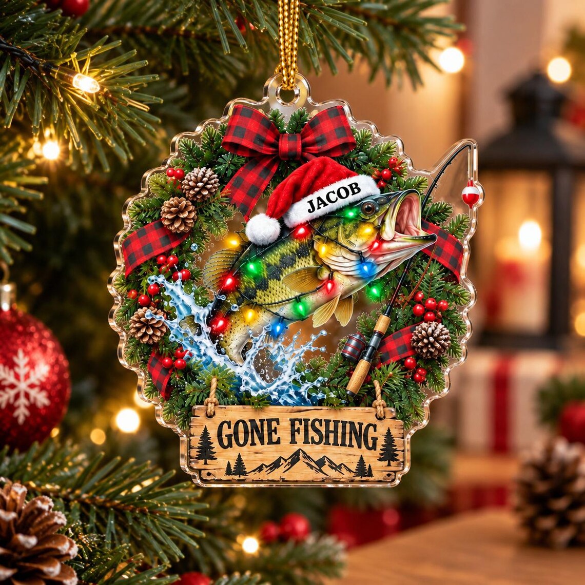 Gone Fishing Christmas Custom Name Fishing Acrylic Ornament
