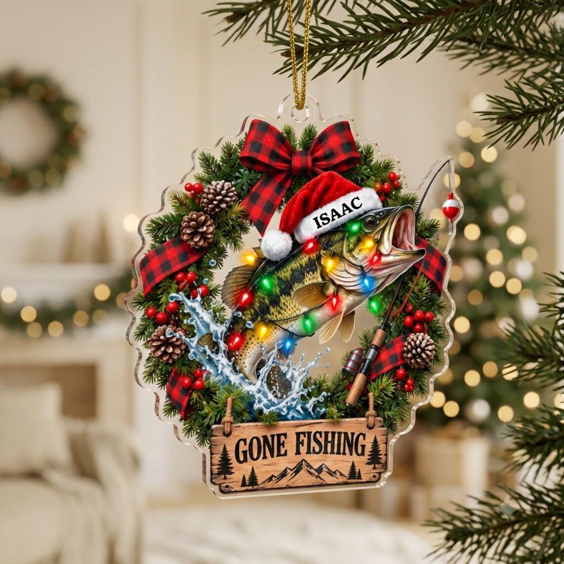 Gone Fishing Christmas Custom Name Fishing Acrylic Ornament