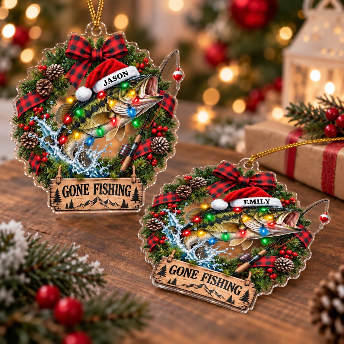 Gone Fishing Christmas Custom Name Fishing Acrylic Ornament