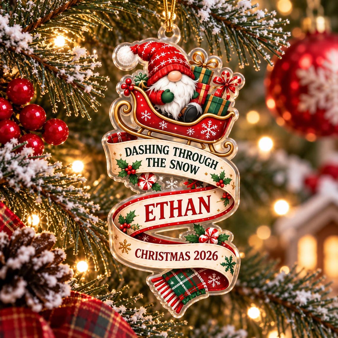 Dashing Through the Snow 2026 Custom Name Date Acrylic Ornament