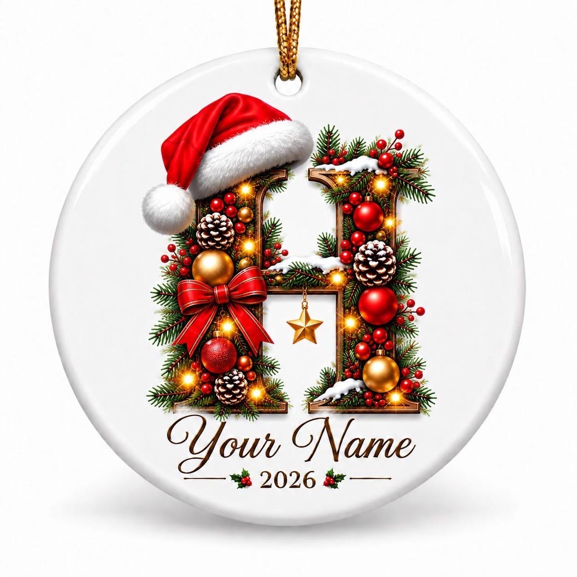 Christmas Initial 2026 Custom Name Family Round Ceramic Ornament