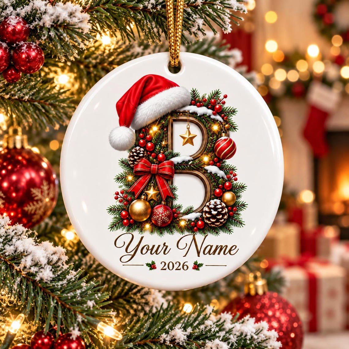 Christmas Initial 2026 Custom Name Family Round Ceramic Ornament