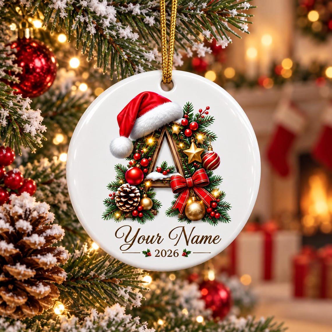 Christmas Initial 2026 Custom Name Family Round Ceramic Ornament