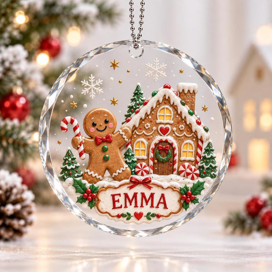 Gingerbread House Christmas Custom Name Round Glass Ornament