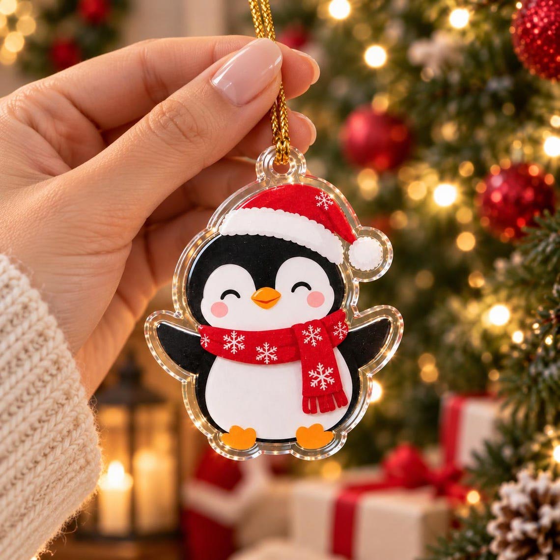 Cute Penguin Santa Hat Christmas Acrylic Ornament