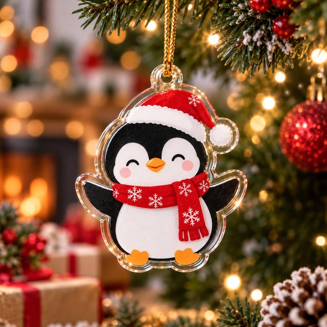 Cute Penguin Santa Hat Christmas Acrylic Ornament