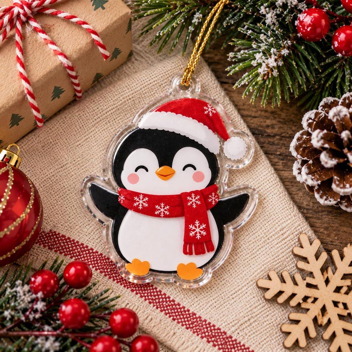Cute Penguin Santa Hat Christmas Acrylic Ornament